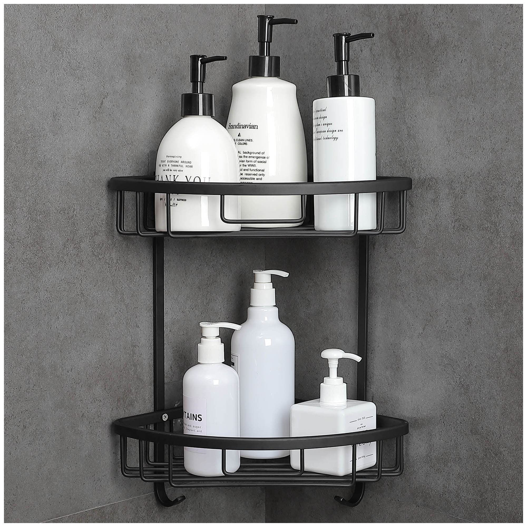 GRICOL Shower Caddy No Drilling Shower Corner Shelf with Stickers Shower Organiser Adhesive Shower Basket Metal Rustproof Bathroom Shelves with 2 Hooks 2 Tiers Black