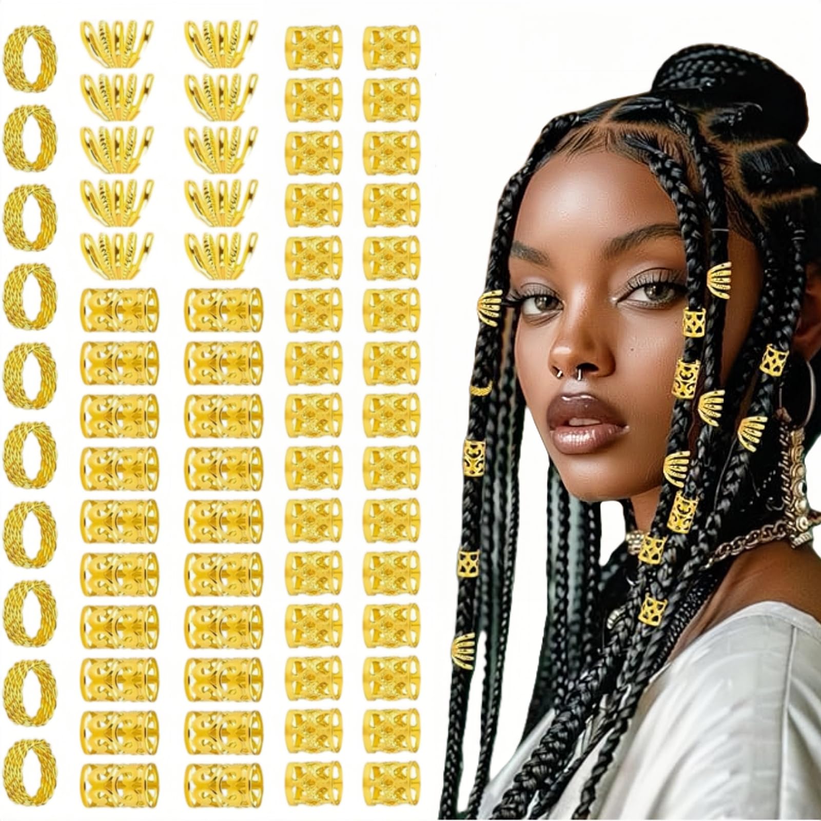 Minicoco 72pcs Gold Hair Beads & Charms Set Adjustable Rings, Cuffs for Braids, Dreadlocks & Locs，Unisex Hair Jewelry for Men & Women and Perfect for Parties & Festivals