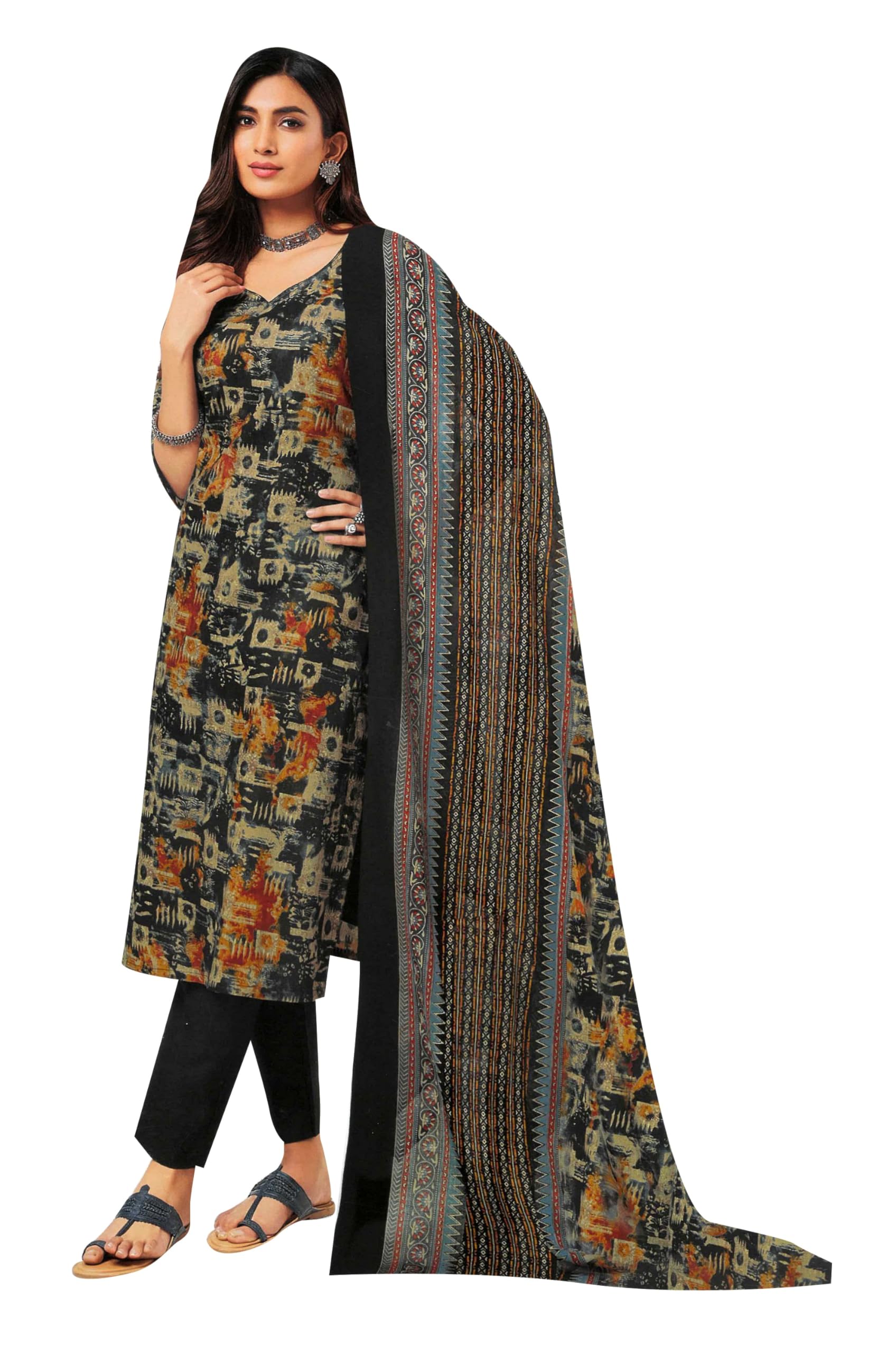 Photo 1 of ladyline 100% Cotton Cool Printed Salwar Kameez with Pants and Lawn Dupatta (CPSK ST940) (48/ Black-2)
