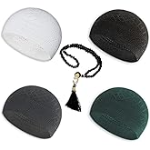 ESERRA Kufi Hats for Men - Prayer Cap, Handicraft Taqiyah, Muslim Tasbih 99 Beads, Prayer Beads