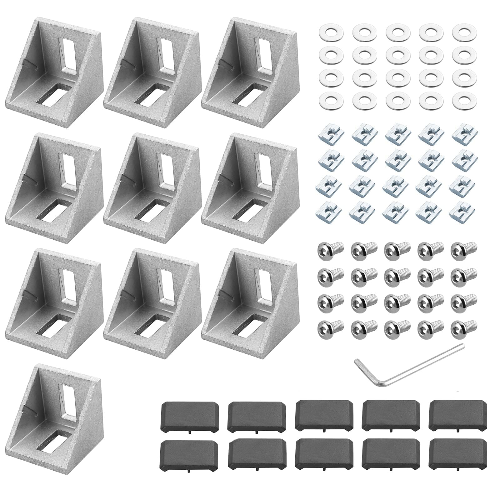 EYPINS 10 Pcs 4040 Aluminum Angle Mounting Brackets with Cover, 90 Degree Corner Brace Connector Extrusion Profile L-Angle Brackets with M8 T-Nuts 8mm Slot and M8 Hexagon Bolts for 4040 4080 Profiles