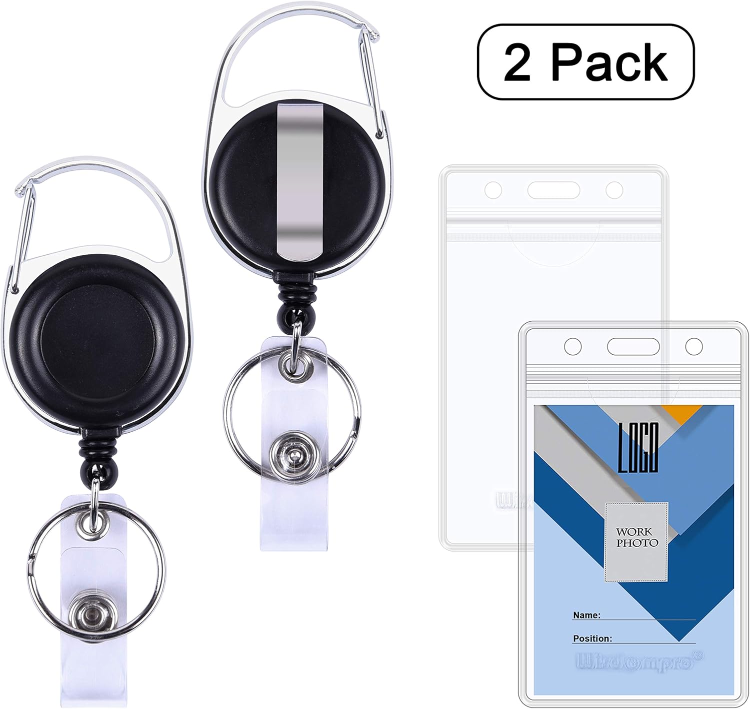 Wisdompro 2 Pack Retractable Badge Holders, Double Sided Clear ID Card Holder with Carabiner Reel