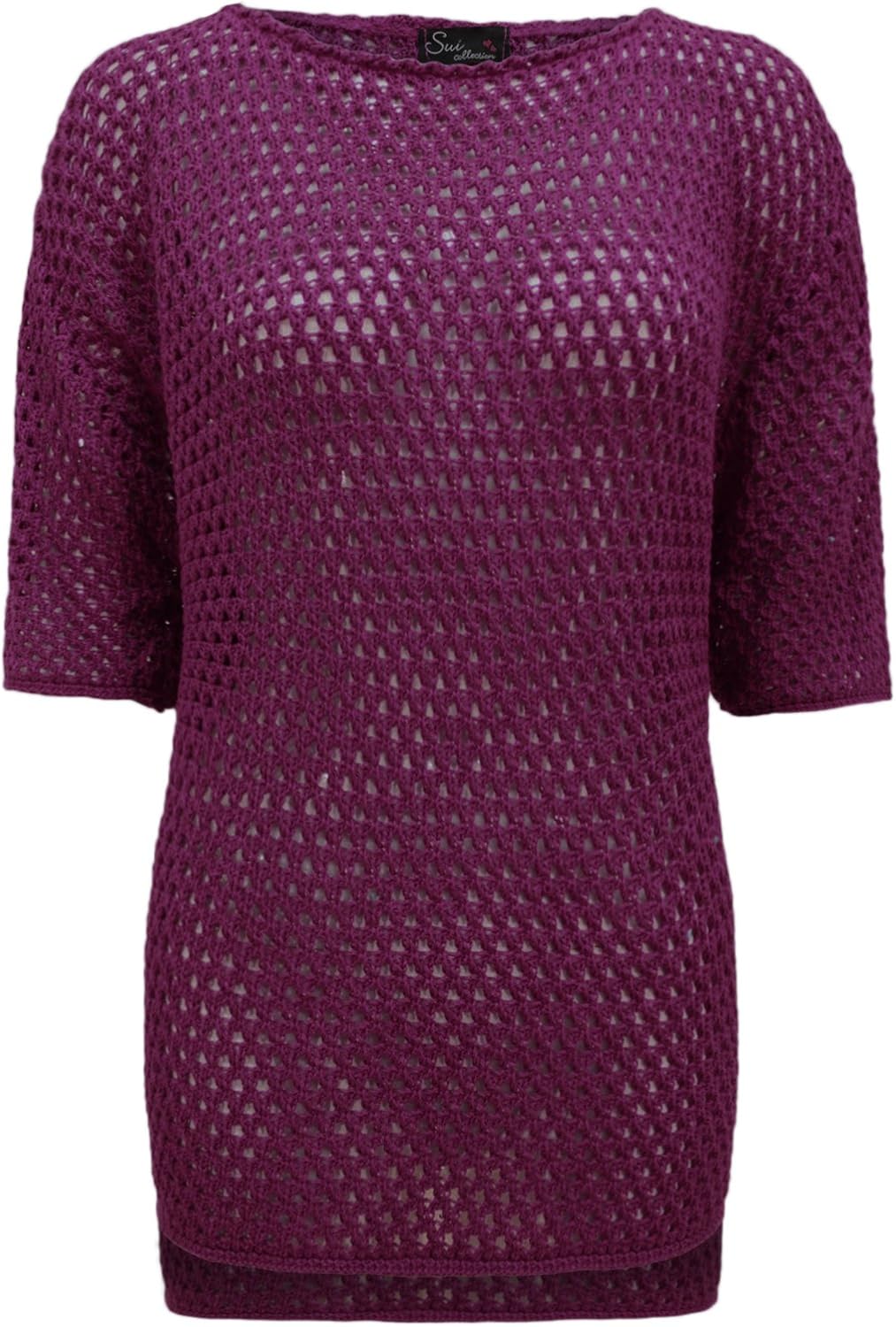 ENVY BOUTIQUE LADIES HOLEY KNIT CROCHET KNITTED JUMPER PURPLE 2426