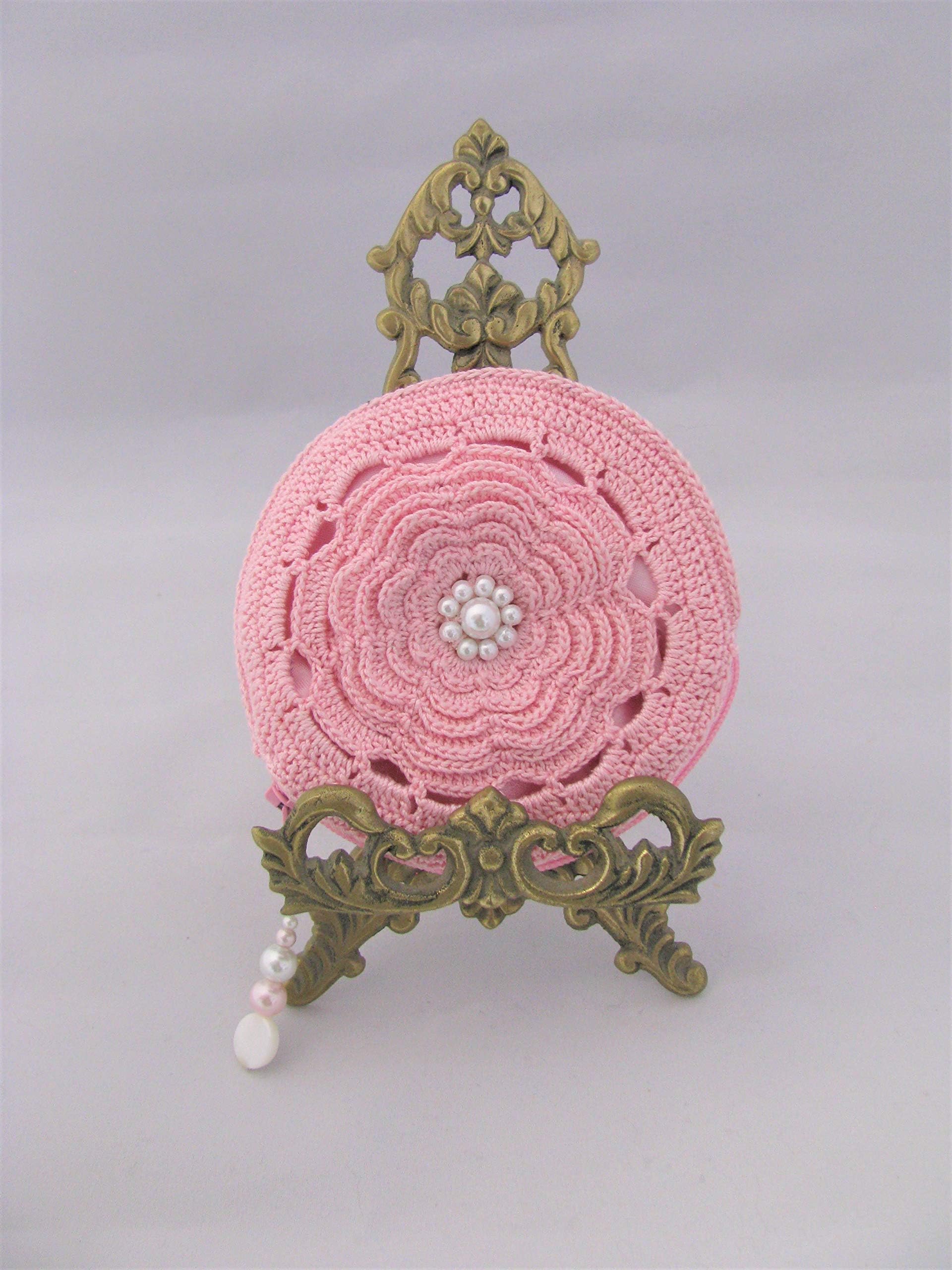Round Crochet Coin Pouch Rosary Pouch Wallet in Pink