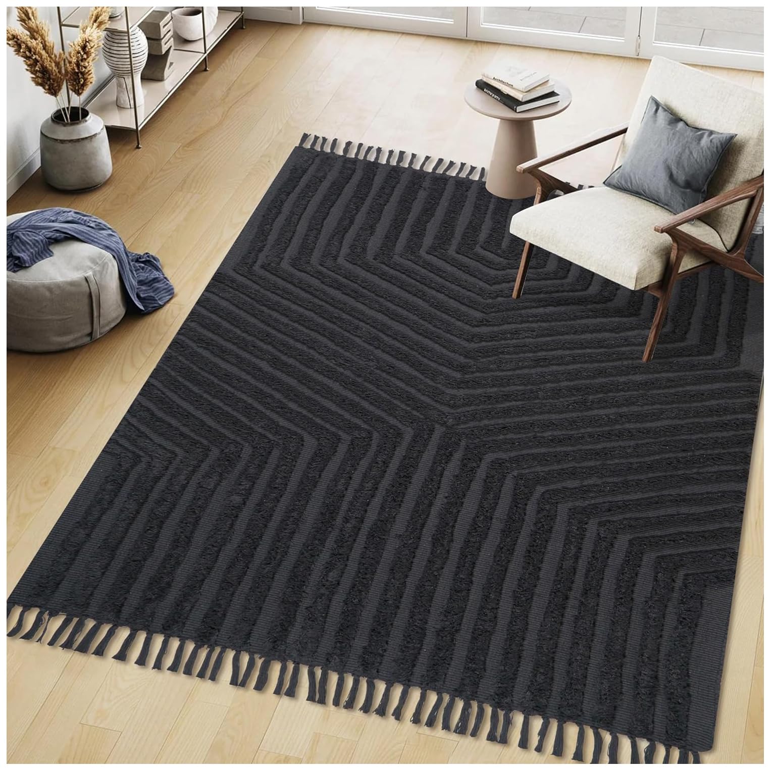 Photo 1 of ** LITTLE DIRTY**Boho Farmhouse Cotton Area Rug 4x6, Washable Tufted Indoor Carpet for Living Room Bedroom Office Room Dining Room Kitchen, Soft Grey Floor Rug, Decorative Home Décor Accent