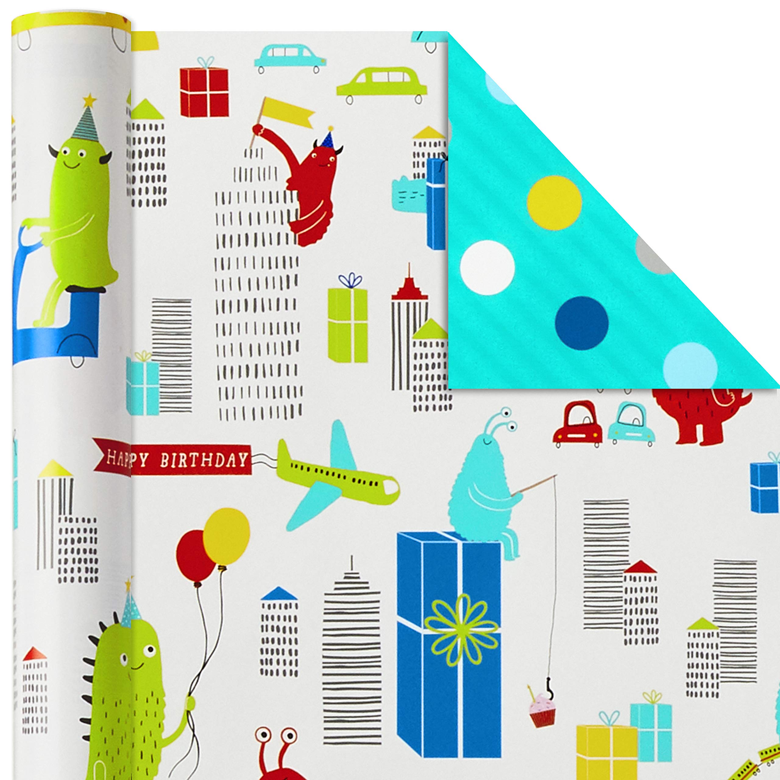 Hallmark Reversible Kids Birthday Wrapping Paper, Monsters and Unicorns (Pack of 3, 120 sq. ft. ttl.)