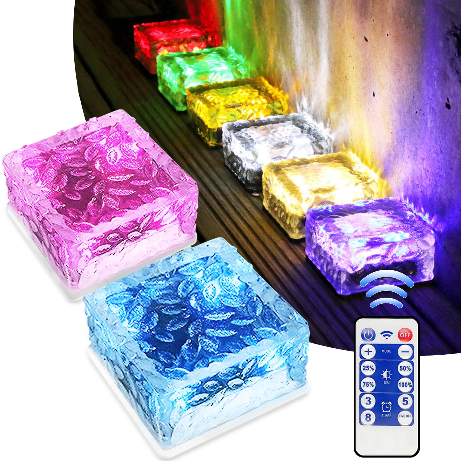 MEDOYOH 2PCS RGB Solar Light PVC Brick, 10x10x5CM Dimming Solar Ground Light On/Off Ponds Lights Outdoor Garden Ornaments