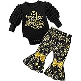 BAVADER My First New Years Baby Girl Outfit 2026 Puff Sleeves Romper Baby New Years Outfit Girl Printed Flare Pants