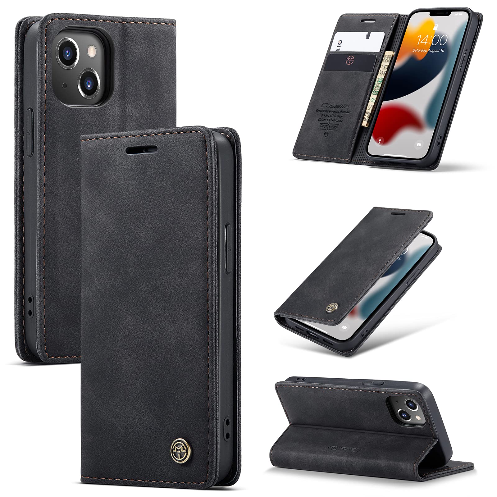 UFinetech Case for iPhone 13 Mini, Shockproof Anti-scratch Cover Compatible with iPhone 13 Mini 5.4”, Leather TPU Slim Soft Flip Magnetic Closure Kickstand Card Holder Wallet Camera Protector, Black — image 1