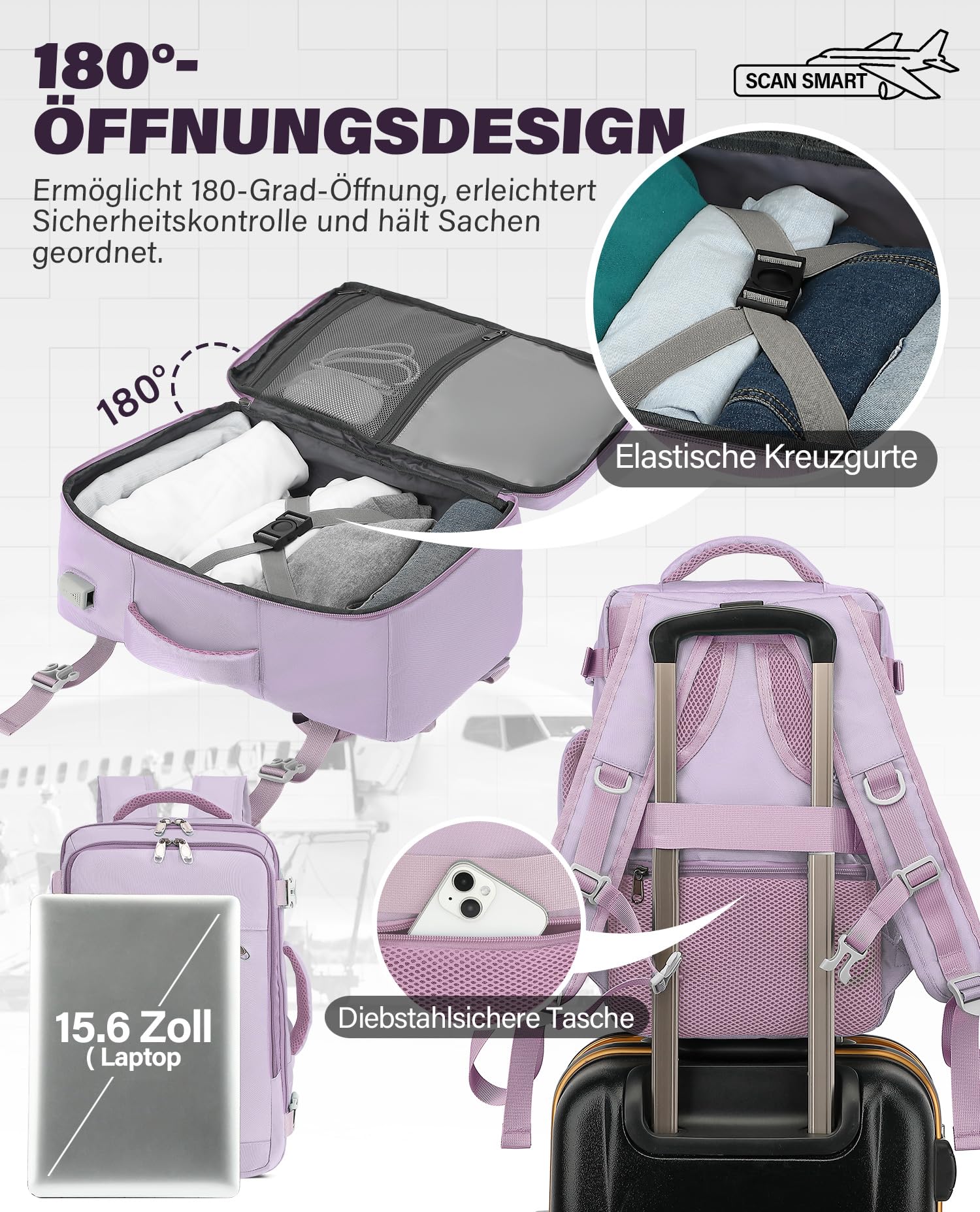 VANKEV für Easyjet Handgepäck 45x36x20 Laptop Rucksack Reiserucksack Handgepäck Tasche Rucksack 15.6 Zoll Laptop Backpack für Herren Damen Helllila 6
