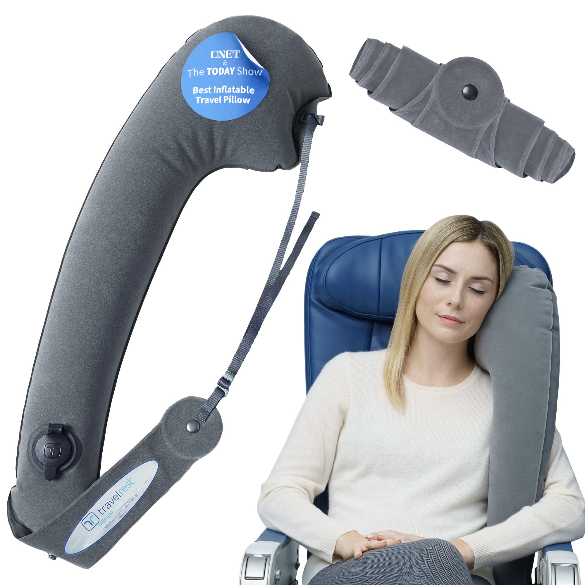 TRAVELREST Ultimate Travel Neck and Body Pillow - Unparalled Support Design, Essential for Bus, Train, Airplane, Office, Wheelchairs, Comfort and Support, Rolls Up, Straps to Airplane Seat & Car- Grey