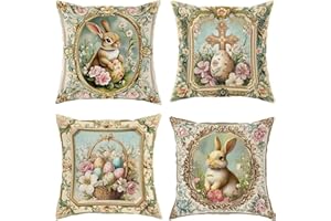 Twinklesweetie Vintage Easter Throw Pillow Set of 4 – Bunny, Egg & Floral Cross Designs for Spring Home Decor, Easter Decorat
