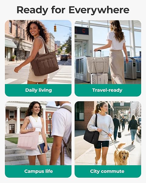 BAGSMART TOTE BAG FOR WOMEN, 2 SET PUFFER TOTE BAG WITH ZIPPER, QUILTED NURSE HANDBAGS FOR WORK TRAVEL COLLEGE, GREEN