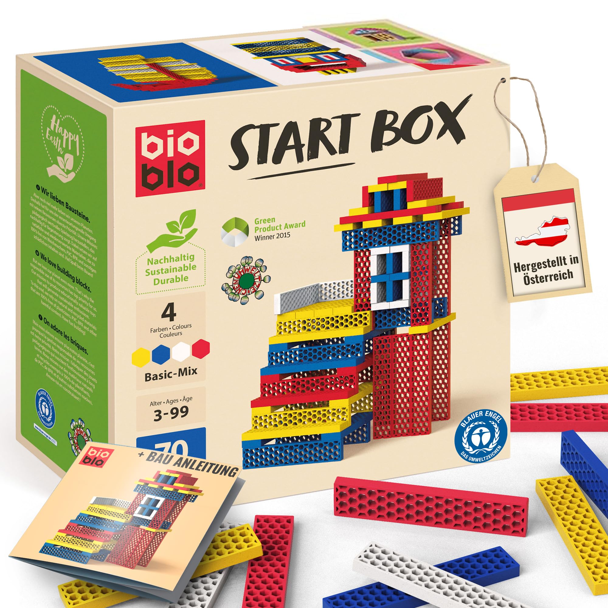 Bioblo Sustainable Wooden Craft Blocks, Start Box, Basic Mix with 70 Pieces, Colourful Building Blocks for Children from 3 Years, Christmas, Wooden Blocks, Natural Wooden Building Blocks