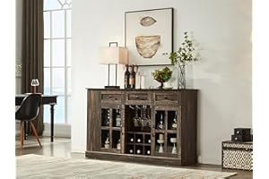 FOREST GRAVITY Wine Liquor Bar Cabinet with Locks,55.1'' Coffee bar Cabinet with 7 LED Lighting,Slide-Out Shelf and Open Shelf,3 Drawers and 2 Glass Doors,for Kitchen and Dining Room,Dark Rustic Oak