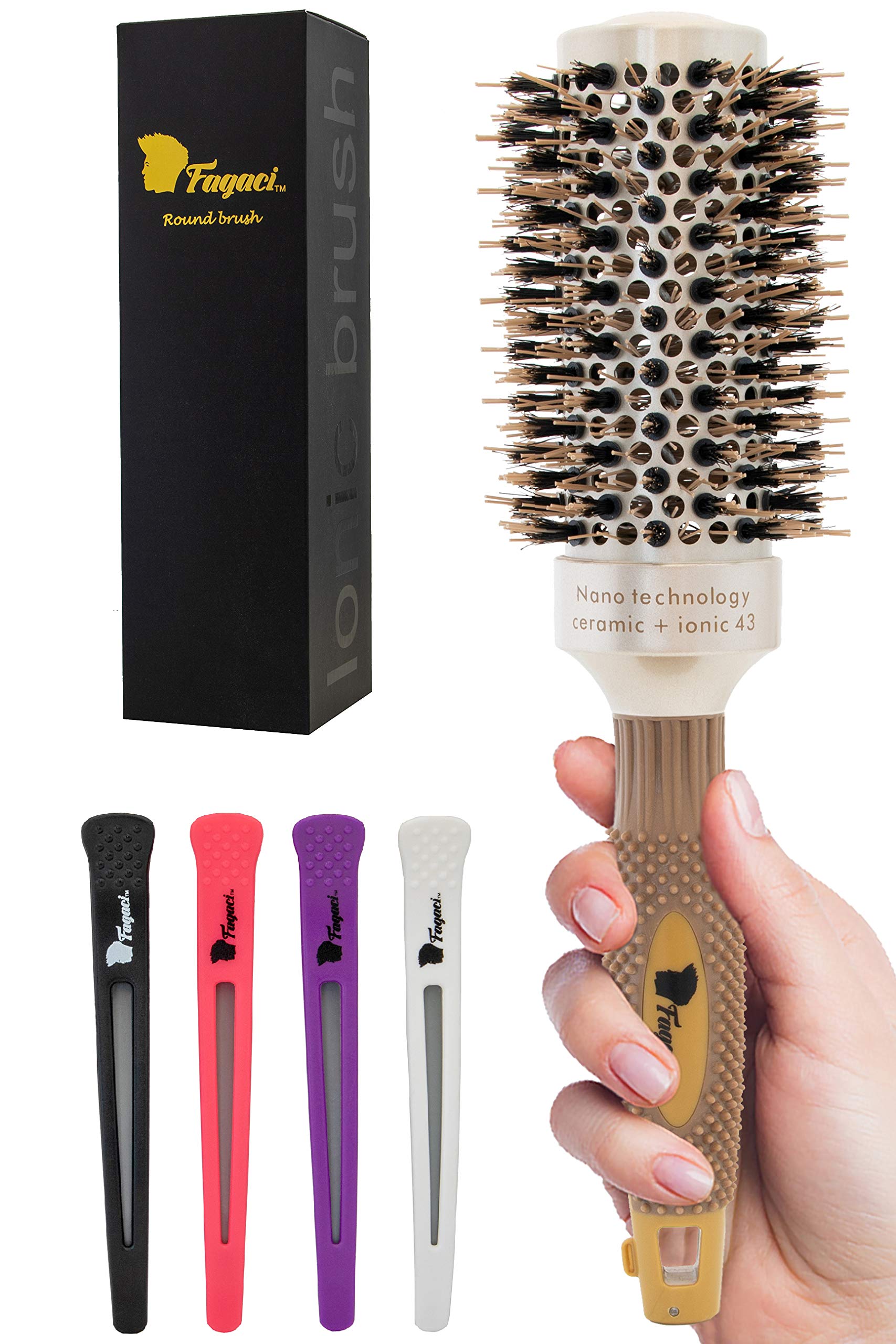 Fagaci Professional Round Brush for Blow Drying with Natural Boar Bristle, Round Brush | Nano Technology Ceramic + Ionic for Hair Styling, Drying, Healthy Hair, Volume | Hair Brush + 4 Styling Clips