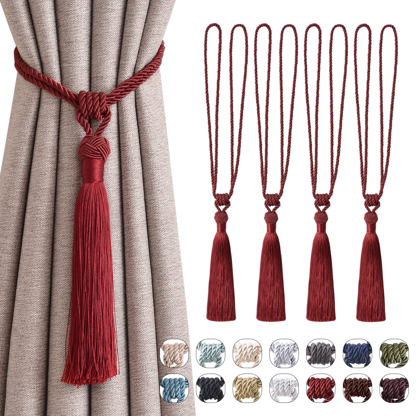 Pretty Jolly 4 Pack Long Tassel Curtain Tiebacks Handmade Braided Rope Knot Drape Tie Backs European Style Decorative Curtain Holdbacks for Home & Office Window Drapery (Wine Red) โ image 1