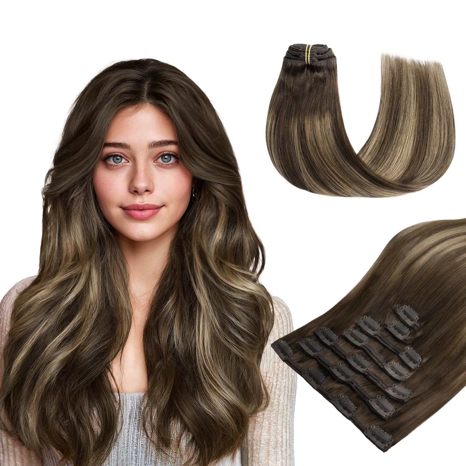hotbanana Clip in Hair Extensions, Chocolate Brown with Honey Blonde Clips in Hair Extension Real Human Hair Double Weft Clip In human Hair Straight Remy Hair Extensions 16 inch 120g 7pcs
