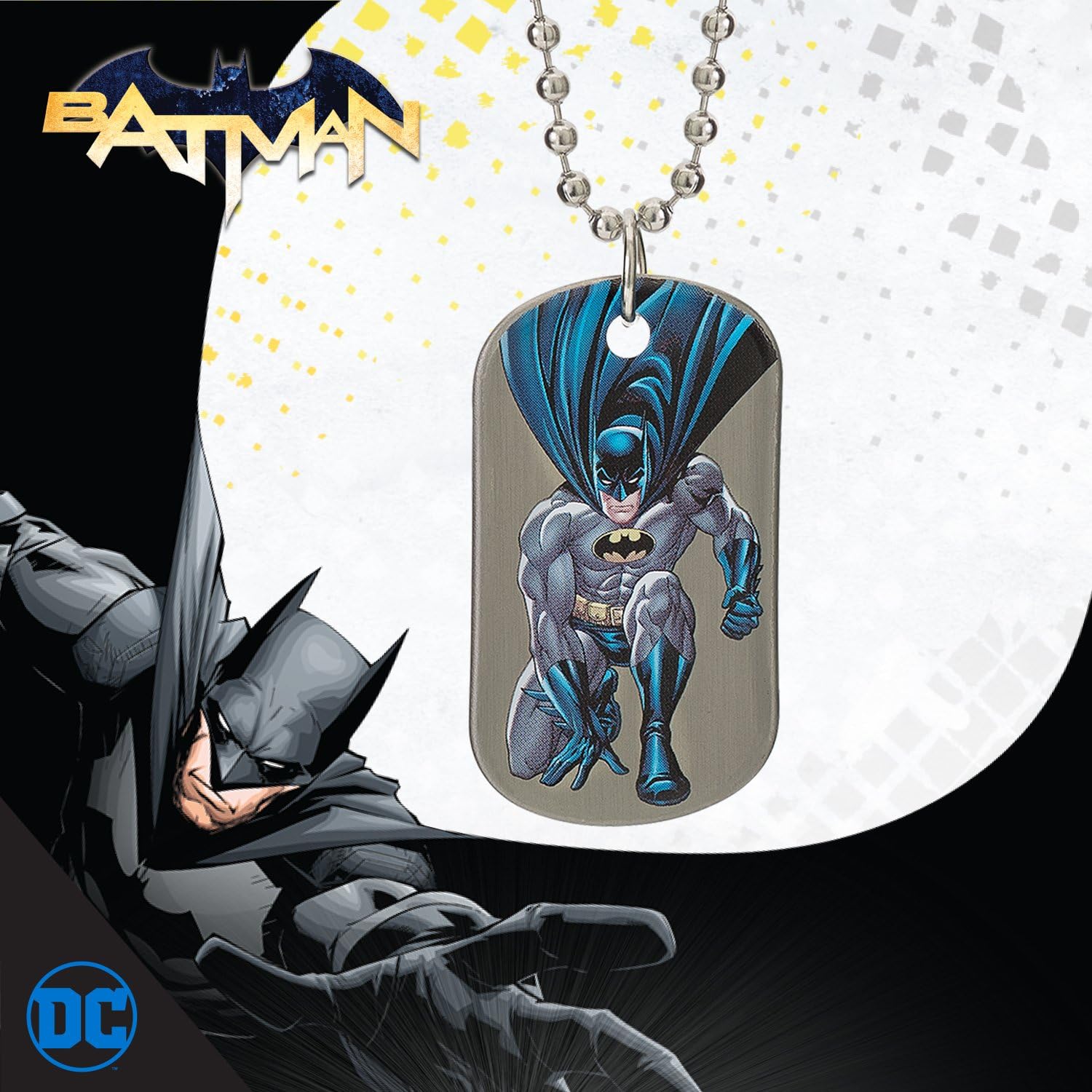 DC Comics Batman Jewelry for Men and Boys, Stainless Steel Illustrated Dog Tag Pendant, 16" Ball Chain: Jewelry