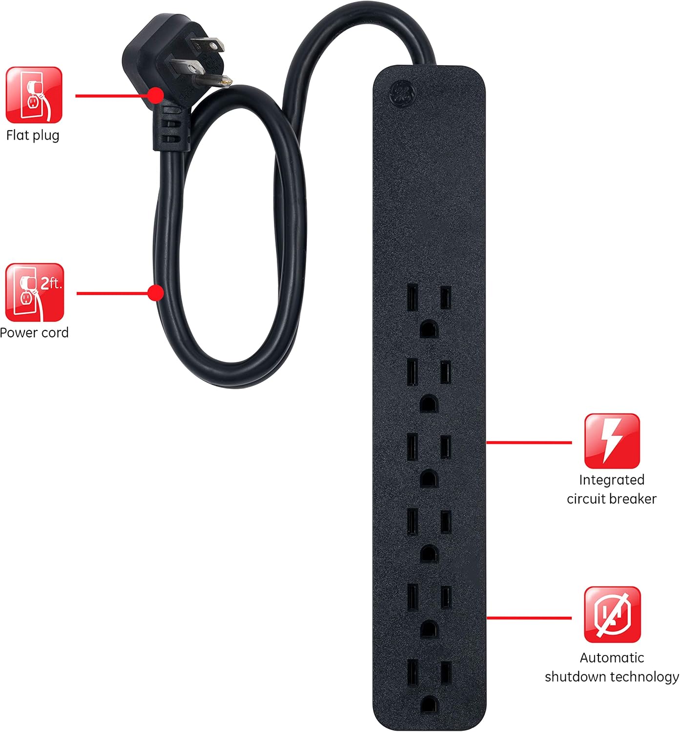 GE Pro 6 Outlet Surge Protector, 2 ft Extension Cord, Power Strip, Flat Plug, Wall Mount, Black, 45170: Electronics