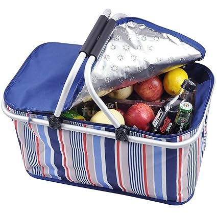 32L Family Size Folding Collapsible Insulated Picnic Basket Cooler Bag Tote Portable Reusable Lunch Box with Sewn in Frame for Camping Hiking BBQs Beach Holiday Grocery Shopping (Blue Stripes)