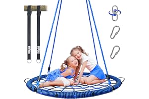 Hapfan 40'' Spider Web Tree Swing, 750 lbs Outdoor Saucer Net Swing with Swivel and 9.8 FT Hanging Straps, Backyard Play Set Accessories (Blue)