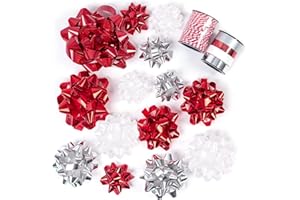 WRAPAHOLIC 16 Pcs Gift Bows Assortment - 14 Multi Colored Assorted Size Gift Bows (Red, Silver, White), 1 Crimped Curling Ribbons and 1 Cotton Twine, Perfect for Christmas, Holiday, Party