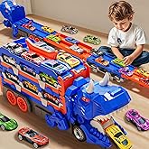 Car Toy Track Set Dinosaur Transport Truck with 12 Pcs Die-Cast Cars Toys, Transforms into Dino, Toddler Car Truck Toys Gifts
