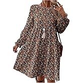 SHENHE Women's Fall Long Sleeve Babydoll Dress Floral Flowy Swing Boho Short Dress