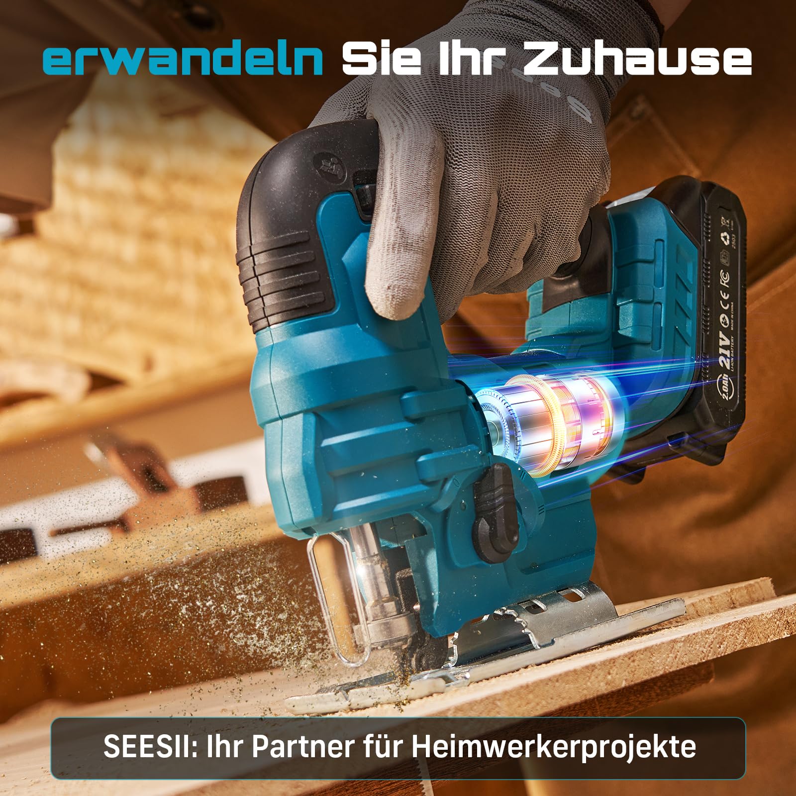 Seesii Stichsäge 21V, Akku Stichsäge mit Akkus und Ladegerät Set, 6-Stufen, Mit LED, 0°-45° Gehrung, 4 Pendelhub-Einstellungen, 20mm Hubhöhe, 2800 SPM, 9 Sägeblättern, mit Tragetasche 9