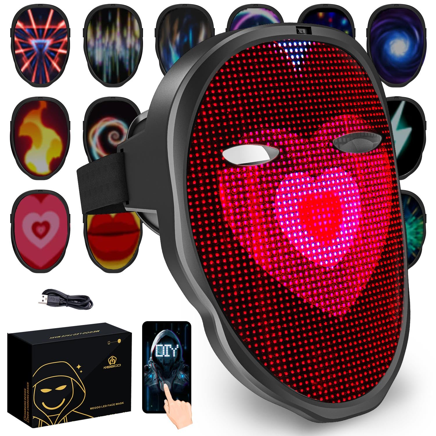 megoo Led Mask with App Bluetooth Programmable Customized,Led Electronic Digital Light Up Mask Halloween for Costume DJ Masquerade Rave Cosplay Birthday Party,Led Full Face Shining Mask for Adult Kid