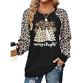 Christmas Shirts for Women Merry and Bright Shirt Christmas Tree Plaid Leopard T-Shirt Raglan Shirt Xmas Holiday Tee Top
