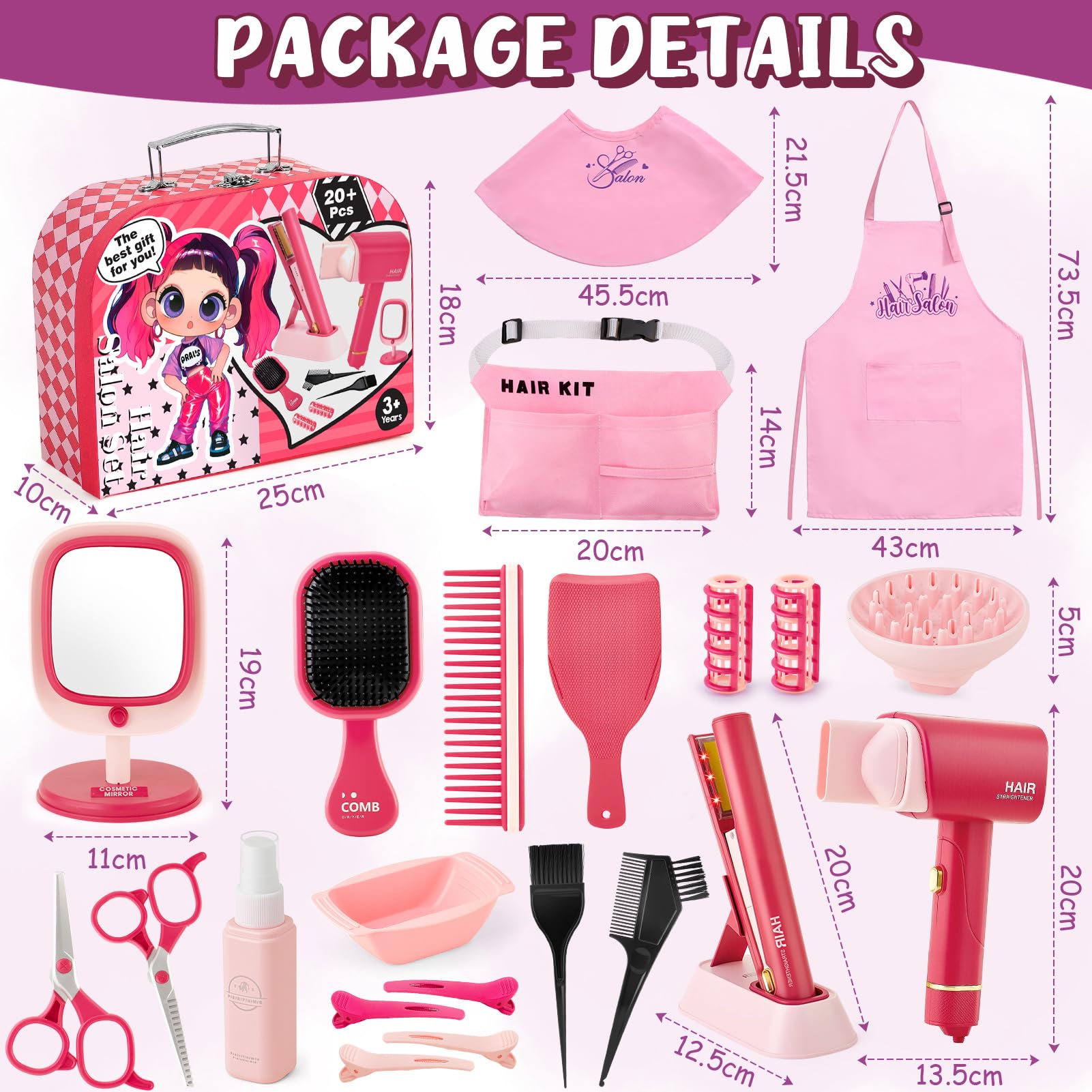Toylink Friseur Set Kinder Mädchen Spielzeug mit Kinderfön, Haarglätter, Spiegel, Schere, Schürze und Frisierkoffer, Rollenspiel Spielzeug für Mädchen 3 4 5 6 7 8 Jahre 2