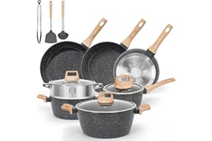 SODAY Pots and Pans Set, 13 Pcs Kitchen Cookware Sets Black Granite Induction Cookware Nonstick Cooking Set with Frying Pans, Saucepans, Steamer Silicone Shovel Spoon & Tongs (PFOS, PFOA Free)