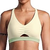 FlareMove Y Back Sports Bra Padded Racerback Adjustable Straps Ruched V-Neck Low Impact Workout Yoga Top