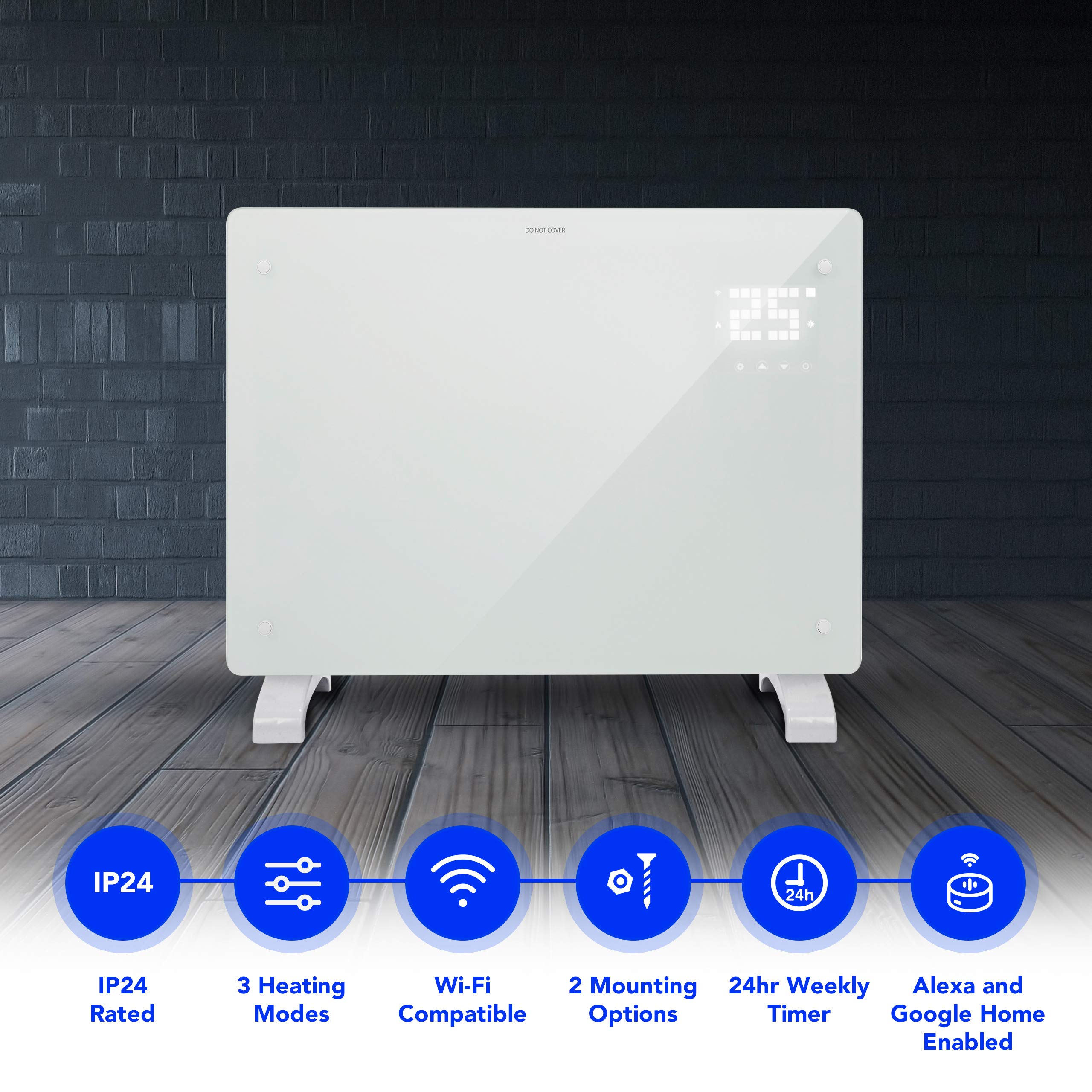 Devola Wifi Enabled Smart Electric Glass Panel Heater 1500W | Alexa Heating Control, Open Window Detection, Wall Mounted & Free Standing Low Energy Heaters with Timer | Lot 20, DVPW1500WH (White)