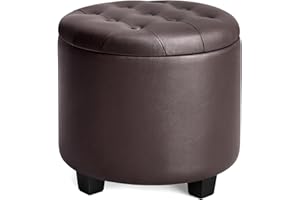 SONGMICS Round Ottoman, Ottoman with Storage, 17.7 x 17.7 x 17.5 Inches, Foot Rest with Legs, Synthetic Leather, Load up to 330 lb, for Living Room, Bedroom, Chestnut Brown ULOM014K01