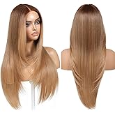 ENCOUNTERU Wear and Go Glueless Honey Blonde Wig with Bangs Pre Plucked Pre Cut Layered HD Lace Front Synthetic Wigs for Women Blonde Ombre Wig Ready to Wear Middle Part 26 Inch