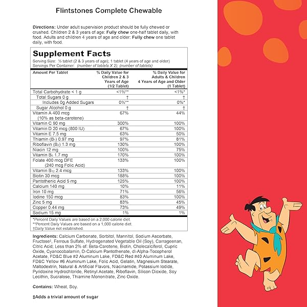 FLINTSTONES VITAMINS CHEWABLE KIDS VITAMINS, COMPLETE MULTIVITAMIN FOR KIDS AND TODDLERS WITH IRON, CALCIUM, VITAMIN C, VITAMIN D & MORE, 180 COUNT(PACK OF 1)(PACKAGING MAY VARY)
