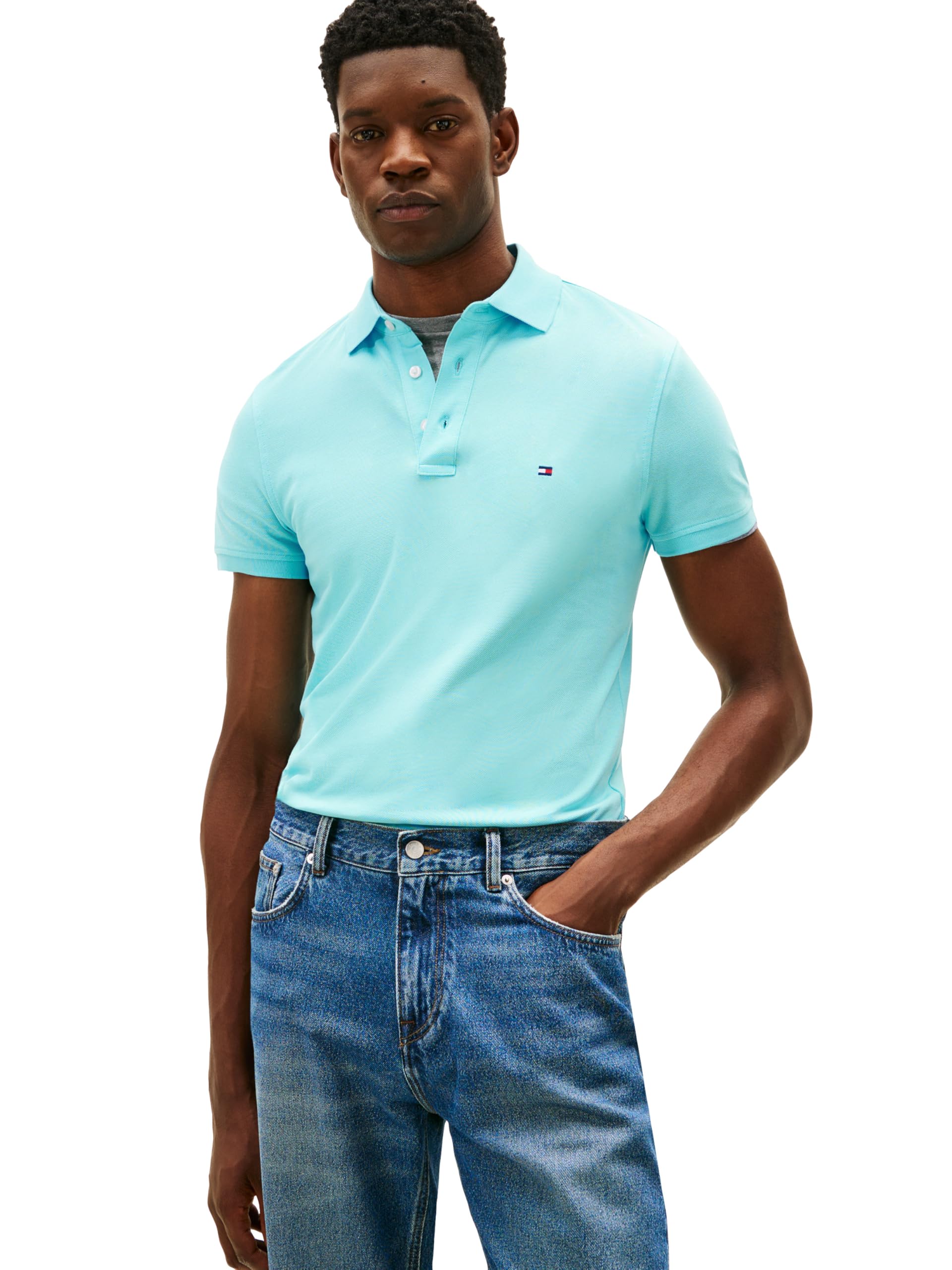 Tommy Hilfiger Men’s 1985 Slim Short Sleeve Polo, DEWY Blue Large