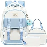 AO ALI VICTORY School Backpack for Girls Women 15.6 Inch Laptop Backpacks College Bookbag Cute Kids Elementary Middle High School Bag with Lunch Box Set for Teens Students Travel Daypack, Blue Set