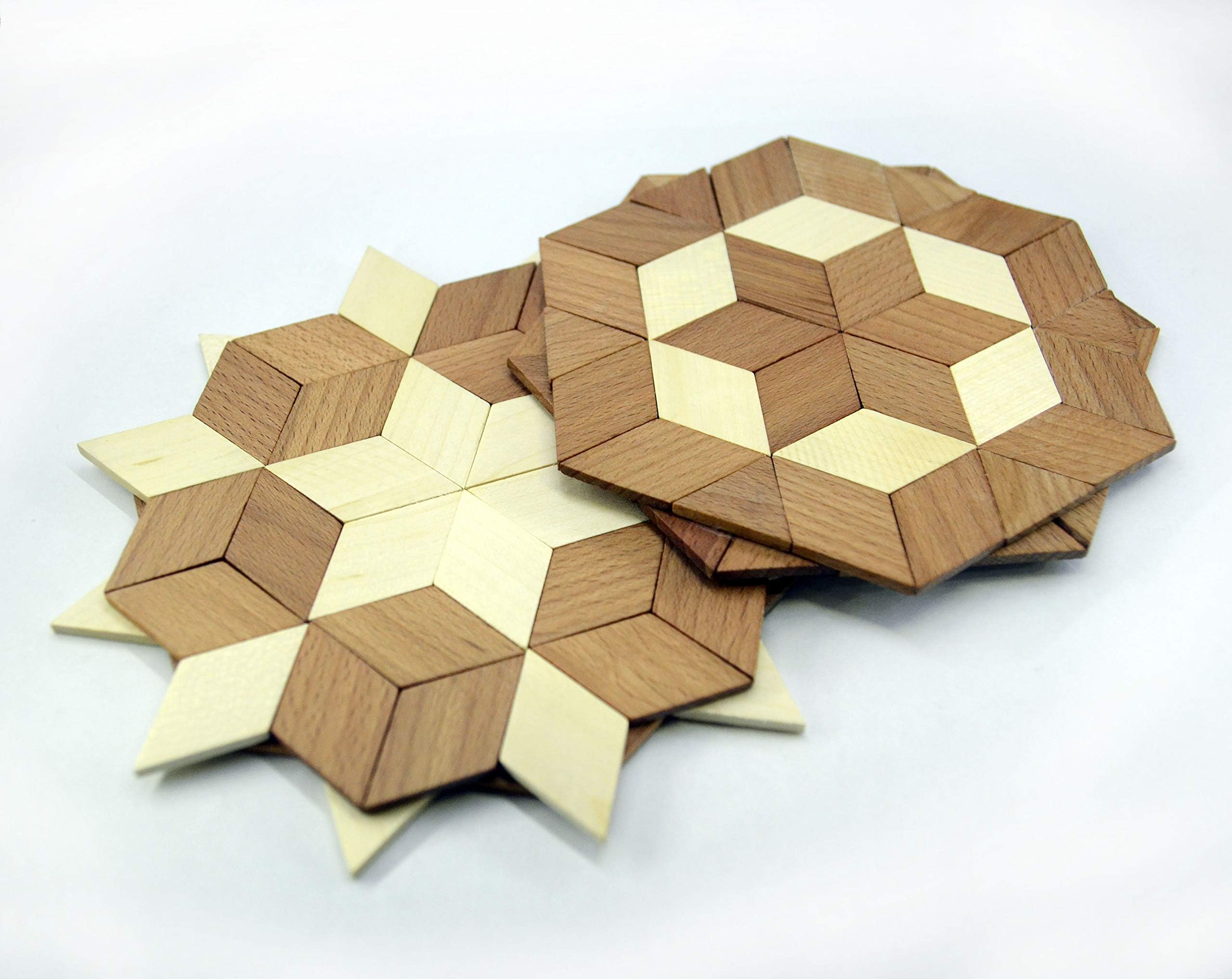 SPL Woodcraft Set of 2 Wooden Trivet for Hot Dishes - Compact and Light - Mix of Beechwood and Ash - Handmade Mosaic - Big Coaster - 6 inch. - Unique Art Decor in the Kitchen - Made in Ukraine