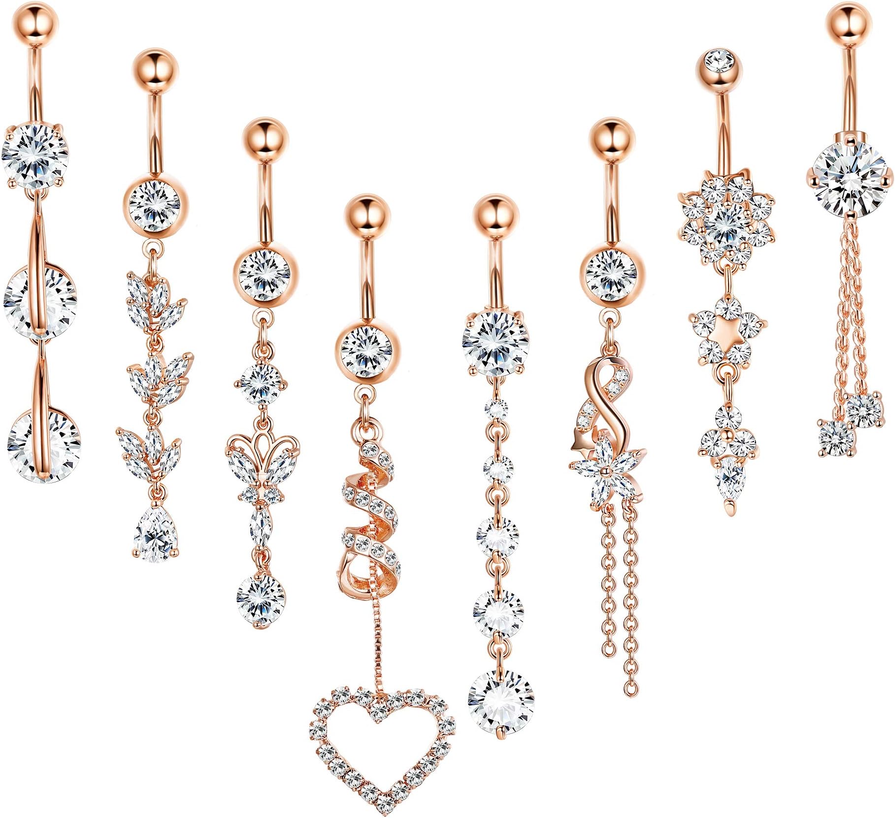 FUNRUN JEWELRY 8PCS 14G Stainless Steel Dangle Belly Button Ring Navel Piercing Clear CZ Inlay Body Piercing Jewelry Barbell