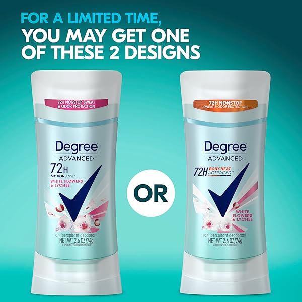 DEGREE ADVANCED PROTECTION ANTIPERSPIRANT DEODORANT WHITE FLOWERS & LYCHEE FOR 72-HOUR SWEAT & ODOR CONTROL FOR WOMEN, WITH BODY HEAT ACTIVATED TECHNOLOGY, 2.6 OZ