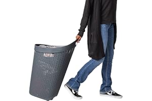 Mind Reader 60L Rolling Laundry Hamper, Clothes Basket, Wheels, Wicker Style, Plastic, 19.5"L x 14.75"W x 29.25"H, Grey