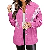 Nlife Womens Corduroy Nashville Sparkly Rhinestone Fringe Shacket Concert Outfits Long Sleeves Spakle Tassel Shirt Jacket