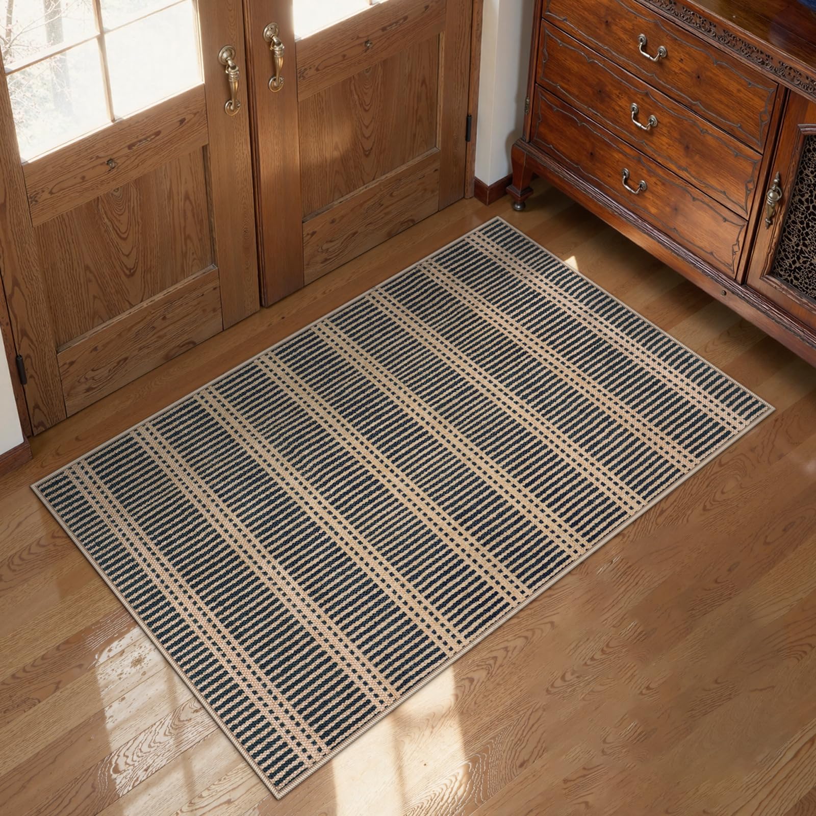 Photo 1 of LIVEBOX Easy Jute Indoor Outdoor Rug 3x5 Front Porch, Black Striped Washable Outdoor Rugs for Entryway Living Room, Tan Non Slip Rug Geometri Carpet Door Mat for Entry Front Door, Kitchen, Bedroom