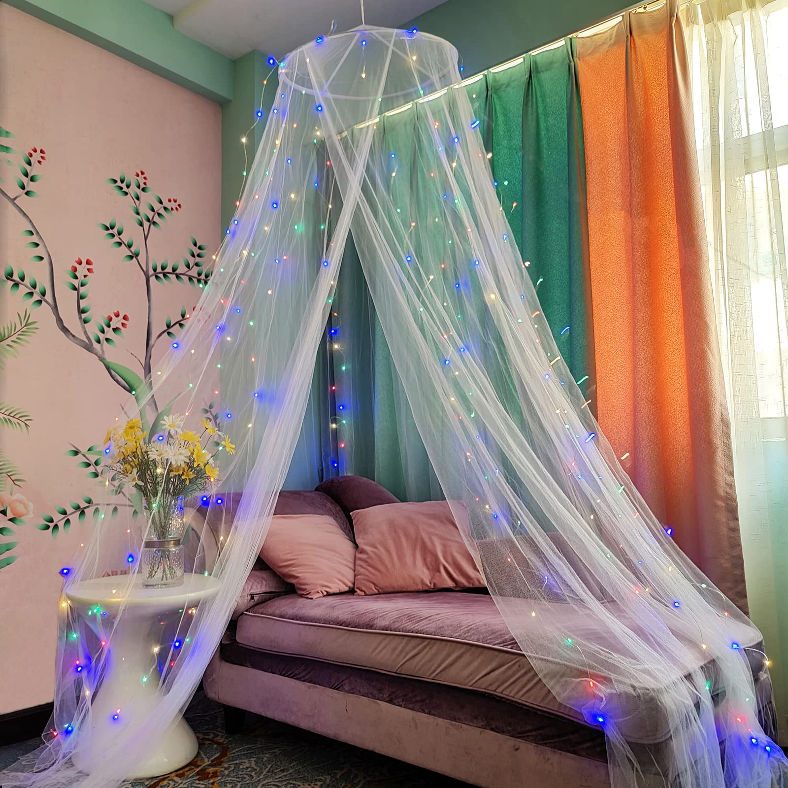 Eimilaly Bed Canopy Mosquito Net with 250pcs Colorful Curtain Lights, Bed Canopy for Girls Room Decor or Theme Party, White/Color Lights — image 1