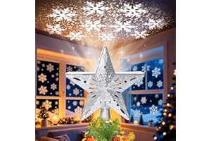 Qoosea Christmas Tree Topper - Winter Glittering Rotating Silver Star with 6 LED Patterns 3D Glitter Light, Xmas Ornament Tre