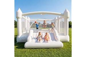 Hapfan White Inflatable Bounce House for Big Kids, 15' x 12' Large Outdoor Bouncy Castle with Blower, Wider Slide & Basketbal
